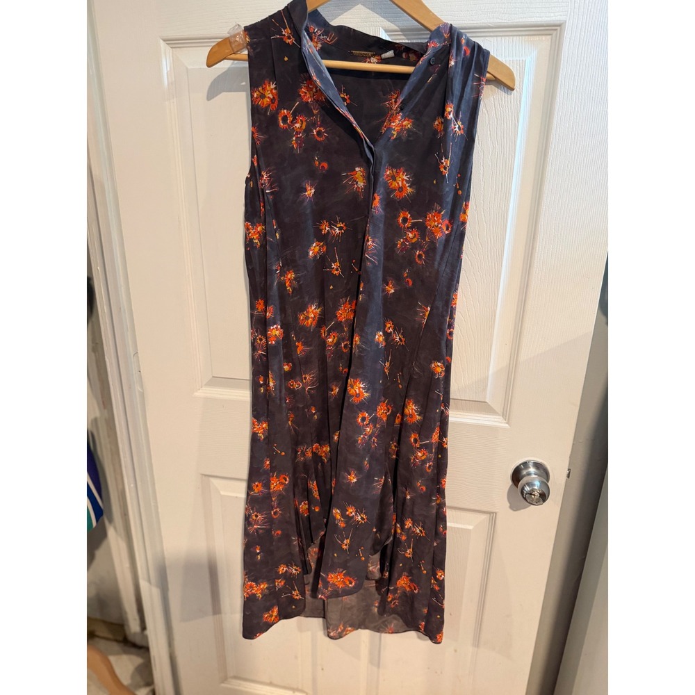 Sleeveless Floral Firework Print Midi Dress Charcoal Gray Orange High Neck L